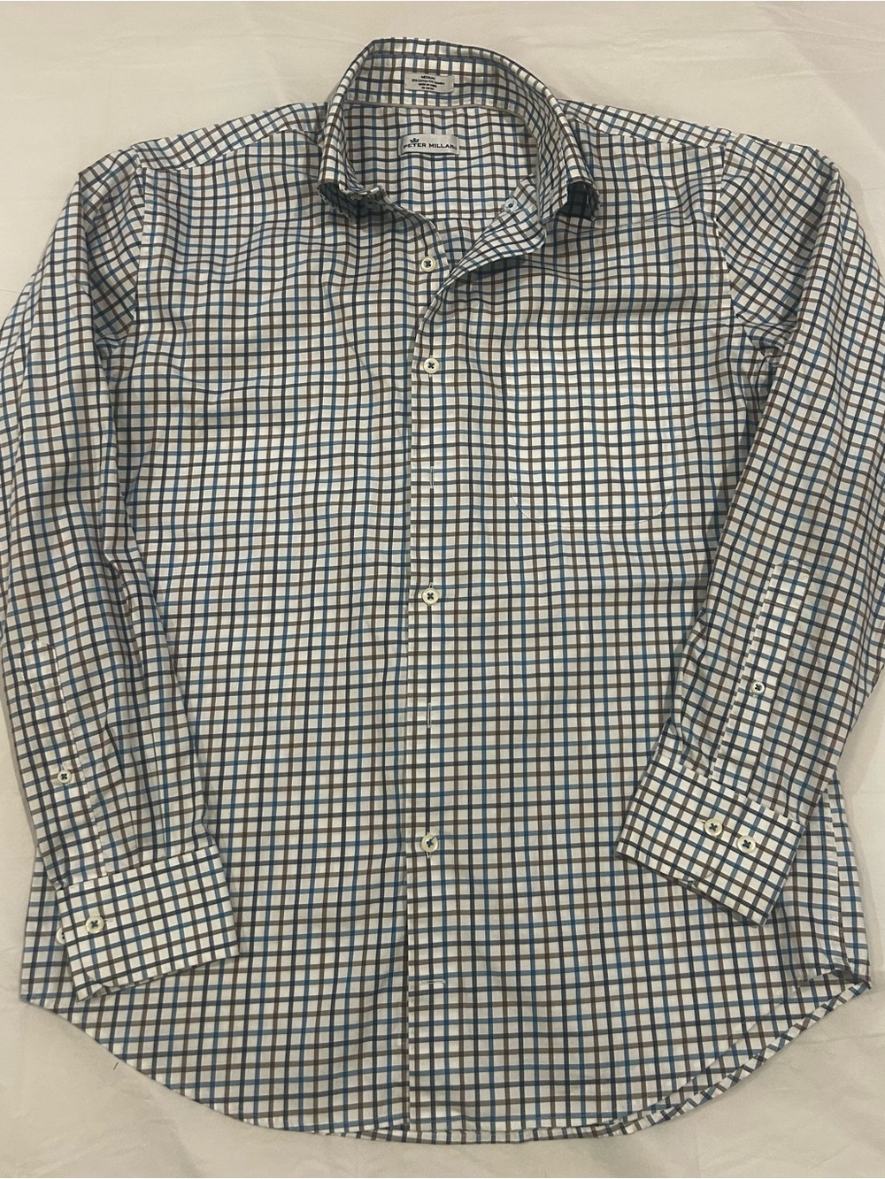 Peter Millar Men's Blue and Brown Windowpane Dress Shirt Med